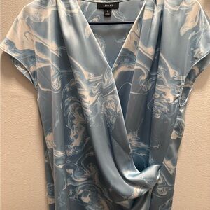 Alfani Light Blue Marble-Print Draped Surplice Top